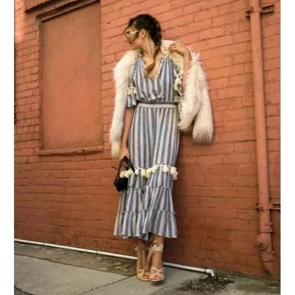 New $350 Misa Los Angeles Dasha Maxi Dress Blue Striped Size Xs